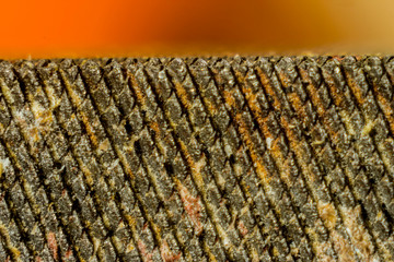 Metal tool rasp , close-up on an orange background. Mesh metal surface. Site about tools, metal, metalworking.