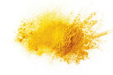 Turmeric powder pile isolated on white background, top view