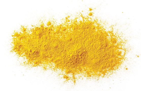 Turmeric powder pile isolated on white background, top view