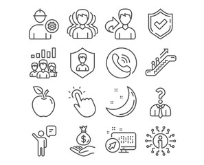 Set of Engineer, Security agency and Group icons. Touchpoint, Income money and Agent signs. Teamwork results, Hiring employees and Escalator symbols. Vector