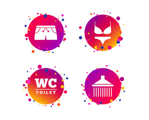 Swimming pool icons. Shower water drops and swimwear symbols. WC Toilet sign. Trunks and women underwear. Gradient circle buttons with icons. Random dots design. Vector