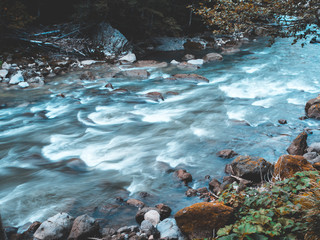 River flowing in mountain from Ryu Sei waterfall, Hokkaido, japan. Nature landscape.