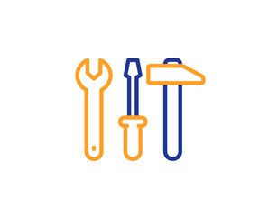 Spanner, hammer and screwdriver line icon. Repair service sign. Fix instruments symbol. Colorful outline concept. Blue and orange thin line color Spanner tool icon. Vector