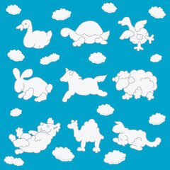 Set of cute clouds in the form of different animals on blue background. Vector hand drawn illustration.