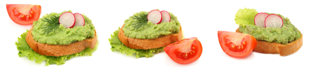 sandwich with avocado cream isolated on white background. Healthy food