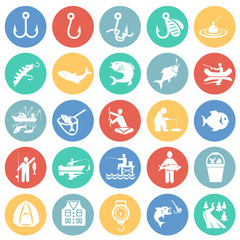 Fototapeta na wymiar Fishing icon set on color circles background for graphic and web design, Modern simple vector sign. Internet concept. Trendy symbol for website design web button or mobile app