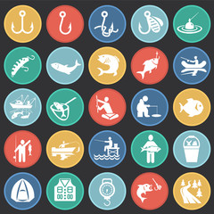 Fishing icon set on color circles black background for graphic and web design, Modern simple vector sign. Internet concept. Trendy symbol for website design web button or mobile app
