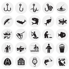 Fishing icon set on circles background for graphic and web design, Modern simple vector sign. Internet concept. Trendy symbol for website design web button or mobile app