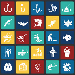 Fototapeta na wymiar Fishing icon set on color squares background for graphic and web design, Modern simple vector sign. Internet concept. Trendy symbol for website design web button or mobile app