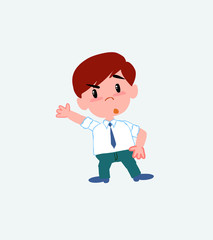 Businessman in casual style something angry shows something to his right.