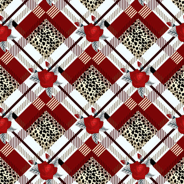 tartan with Red rose and black leopard skin tartan traditional fabric seamless pattern, vector eps10