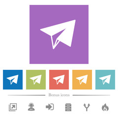 Paper plane flat white icons in square backgrounds