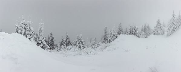 Panorama of heavy snow on top of the mountain. Cold winter day with heavy fog and snow