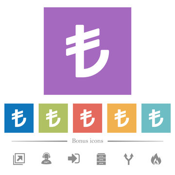 Turkish Lira sign flat white icons in square backgrounds