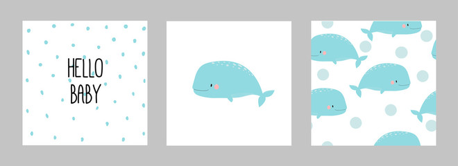 Cute whale . Set of two cards and drawings. For fashion design. postcards. mugs, bags. children's illustration. - 239275710