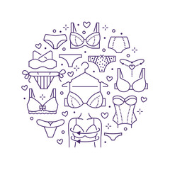 Lingerie circle poster with flat line icons of bra types, panties. Woman underwear background, vector illustration of brassiere, bikini, swimwear. Cute purple white concept for clothes store brochure