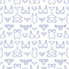 Lingerie seamless pattern with flat line icons of bra types, panties. Woman underwear background, vector illustrations of brassiere, bikini, swimwear. Cute purple white wallpaper for clothes store