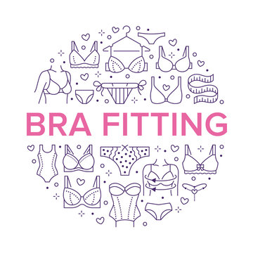 Lingerie circle poster with flat line icons of bras types, panties. Woman underwear background, vector illustration of brassiere, bikini, swimwear. Cute purple white concept for bra fitting brochure