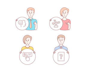 People hand drawn style. Set of Buying, Conversation messages and Good mood icons. Unknown file sign. E-commerce shopping, Communication, Positive thinking. Doc with question mark. Vector