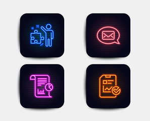 Neon glow lights. Set of Report, Messenger and Strategy icons. Report checklist sign. Work analysis, New message, Business plan. Sales growth file.  Neon icons. Glowing light banners. Vector
