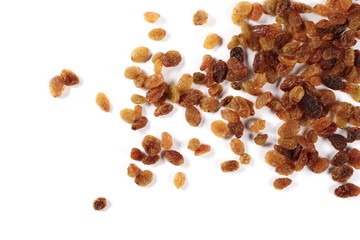 Raisins isolated on white background, top view