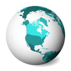 Blank political map of North America. 3D Earth globe with turquoise blue map. Vector illustration.