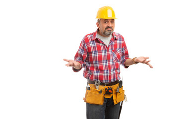 Builder making confused expression and gesture.
