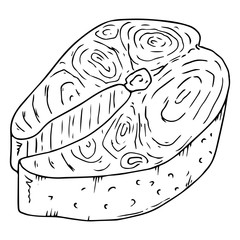 Piece of salmon fish icon. Vector illustration of fish steak. Hand drawn piece of fried trout.