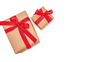 top view objects  Brown Gift box bow tie Red ribbon isolated on white background merry christmas and happy new year concept