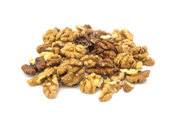 Peeled walnut on white background