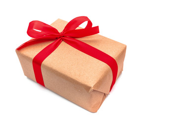 close up objects  Brown Gift box bow tie Red ribbon isolated on white background merry christmas and happy new year concept