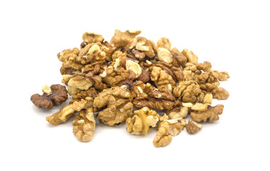 Peeled walnut on white background