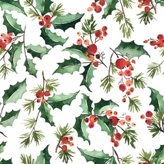 Gardinen Weihnachtsaquarell nahtloses Muster mit Zweigen der Stechpalme, Beeren und Fichte © IMR