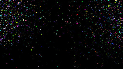 colorful paper shoot, celebration on black, shooting confetti paper shoot, twisted ribbon, and element particle for holiday party and celebration decoration concept in black