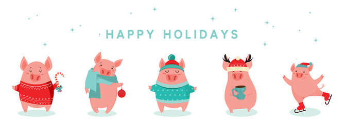 Collection of cute winter pigs. Happy New 2019 year. Symbol of the year in the Chinese calendar. Vector cartoon isolated illustration.