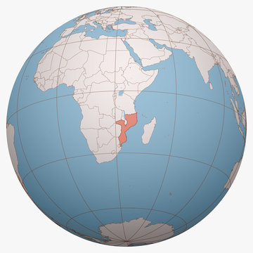 recommend clip art: Mozambique on the globe. Earth hemisphere centered at the location of the Republic of Mozambique. Mozambique map.