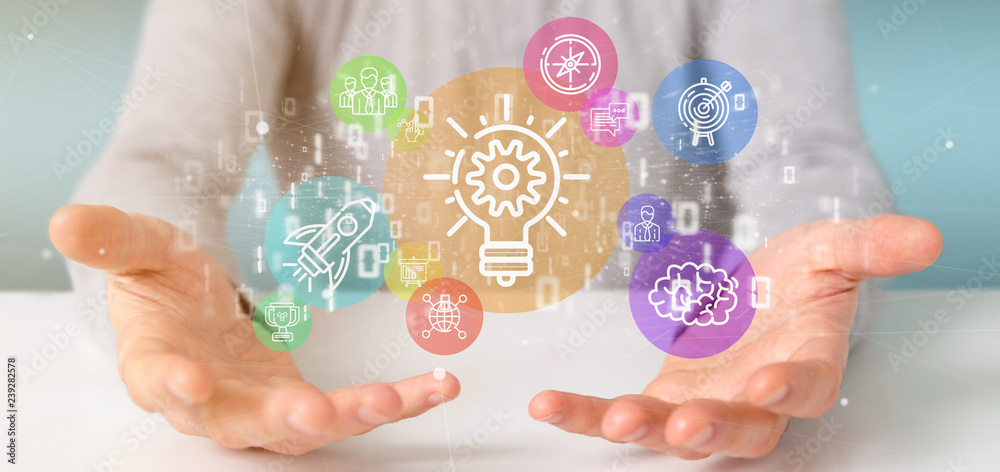 Poster cloud of colorfull start up icon bubble with data businessman holding a binary 3d rendering
