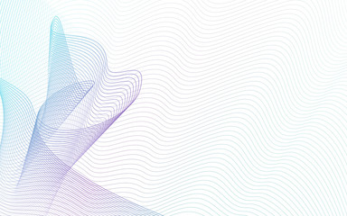 Teal, purple ripple swirl lines, white background. Abstract multicolor waves. Art line vector design, soft gradient. Technology fantasy pattern. Horizontal composition, copy space. EPS10 illustration