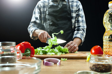 Preparing salad. Female chef cutting fresh vegetables. Cooking process. Selective focus. The healthy food, kitchen, salad, diet, cuisine, organic concept