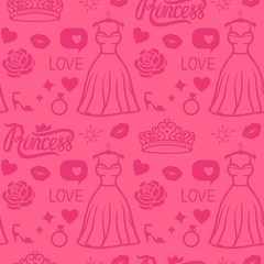 Vector Pink Princess seamless pattern style. Hand drawing dress with diadem, inscription, rose, kiss and shoe. Girly surface design.
