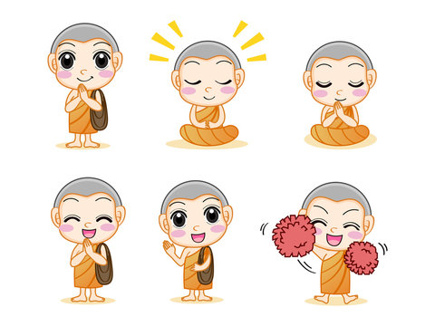 Set of little cute monk, Cartoon Character Concept, flat design vector isolated white background.