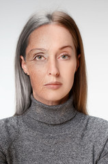 Comparison. Portrait of beautiful woman with problem and clean skin, aging and youth concept,...