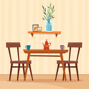 Dining table in kitchen with chairs, cups and teapot. Flat cartoon style vector illustration.
