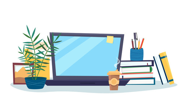 Work table with computer, books, coffee, plant. Workplace room interior. Flat cartoon style vector illustration.