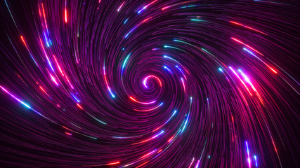 Abstract bright creative cosmic background. Hyper jump into another galaxy. Speed of light, neon glowing twisted lines in motion. Beautiful swirls, colorful vortex. Falling stars. 3d rendering - obrazy, fototapety, plakaty