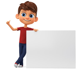 Character cartoon boy in a red T-shirt leaned against a blank board on a white background. 3d rendering. Illustration for advertising.