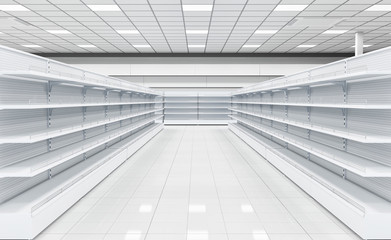 Shop interior with empty shelves. 3d illustration