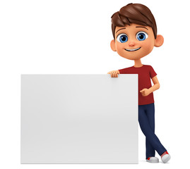 Cartoon character boy in red t-shirt points to a blank board on a white background. 3d rendering. Illustration for advertising.