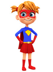Character cartoon girl dressed as a super hero on a white background. 3d rendering. Illustration for advertising.