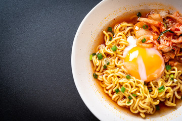 Korean instant noodles with kimchi and egg